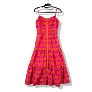 J.Crew Eyelet Midi Dress Womens 2 Orange Pink Boho Cottagecore Coastal Summer